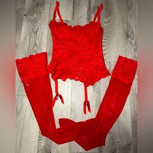 vintage 90s victoria’s secret red hot corset and garter stockings set size 36B/L